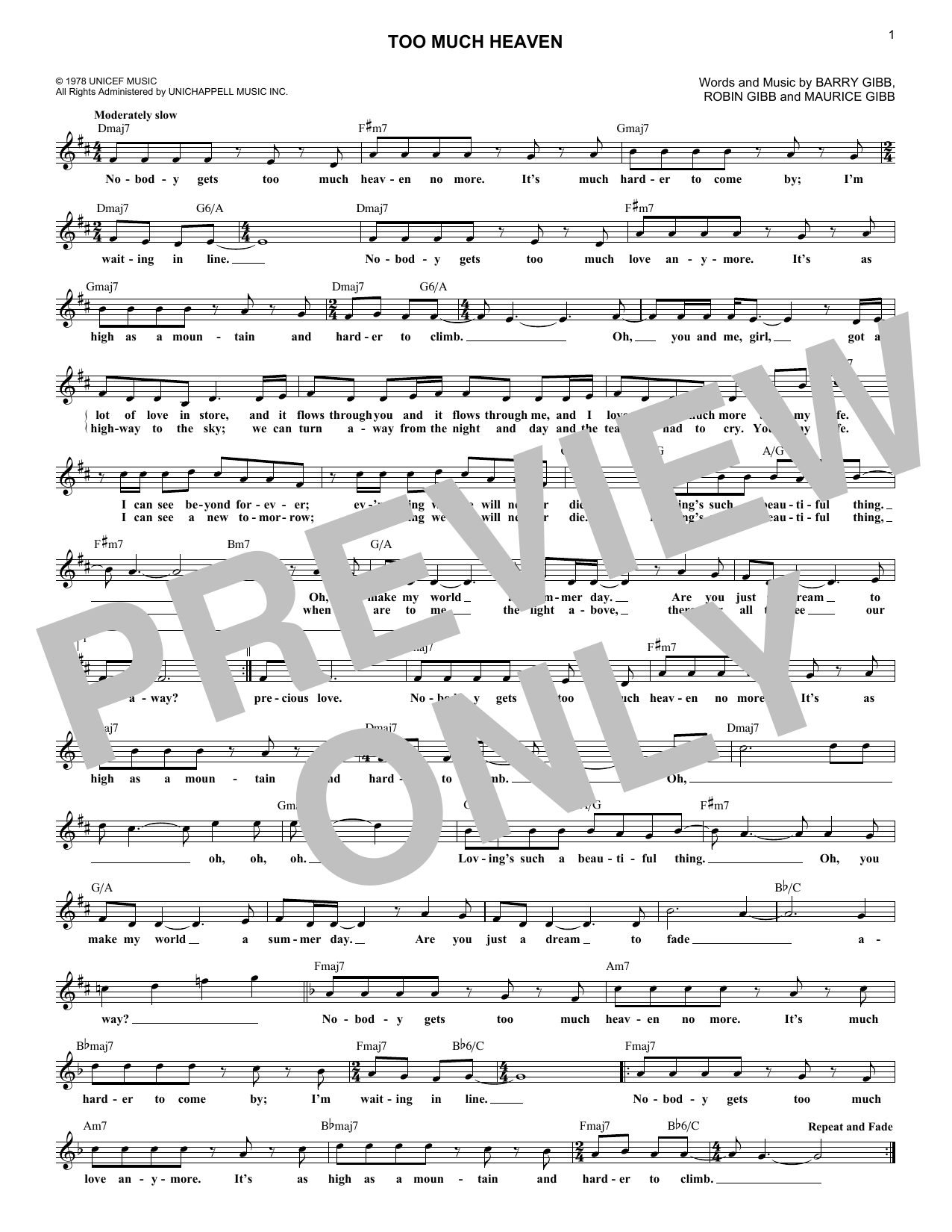 Bee Gees Too Much Heaven sheet music notes and chords. Download Printable PDF.