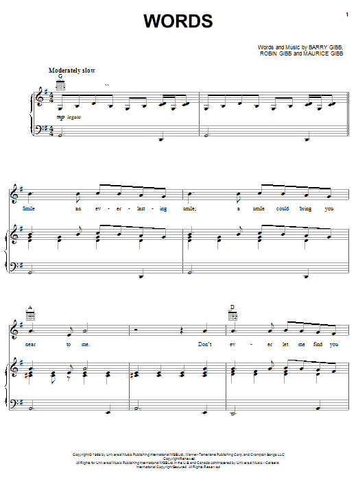 Bee Gees Words sheet music notes and chords. Download Printable PDF.