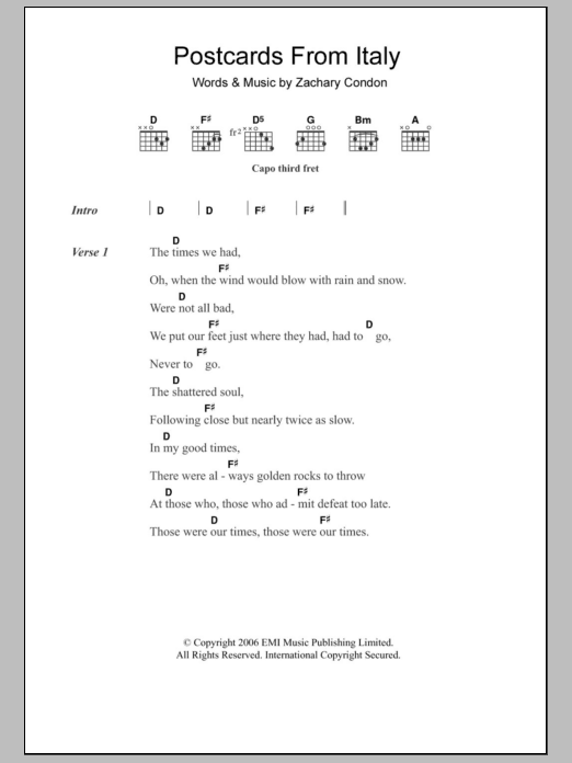 Learn to play Beirut Postcards From Italy sheet music for Guitar Chords/Lyrics in minutes. Price: 4.4900$ Beirut Postcards From Italy sheet music notes and chords arranged for Guitar Chords/Lyrics