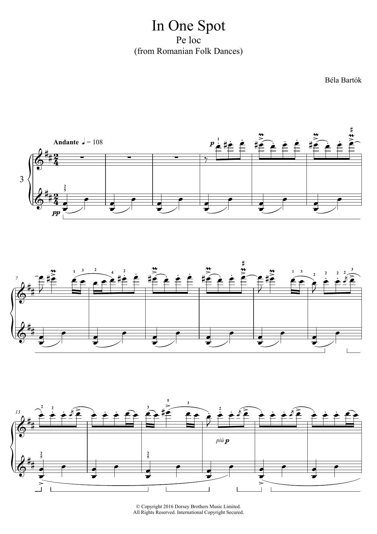 Learn to play Bela Bartok In One Spot (from Romanian Folk Dances) sheet music for Piano Solo in minutes. Price: 7.8900$ Bela Bartok In One Spot (from Romanian Folk Dances) sheet music notes and chords arranged for Piano Solo
