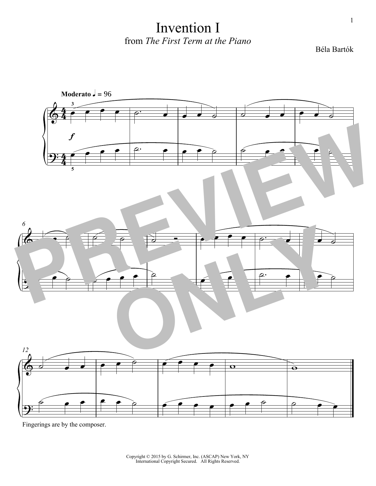 Bela Bartok Invention I sheet music notes and chords arranged for Piano Solo