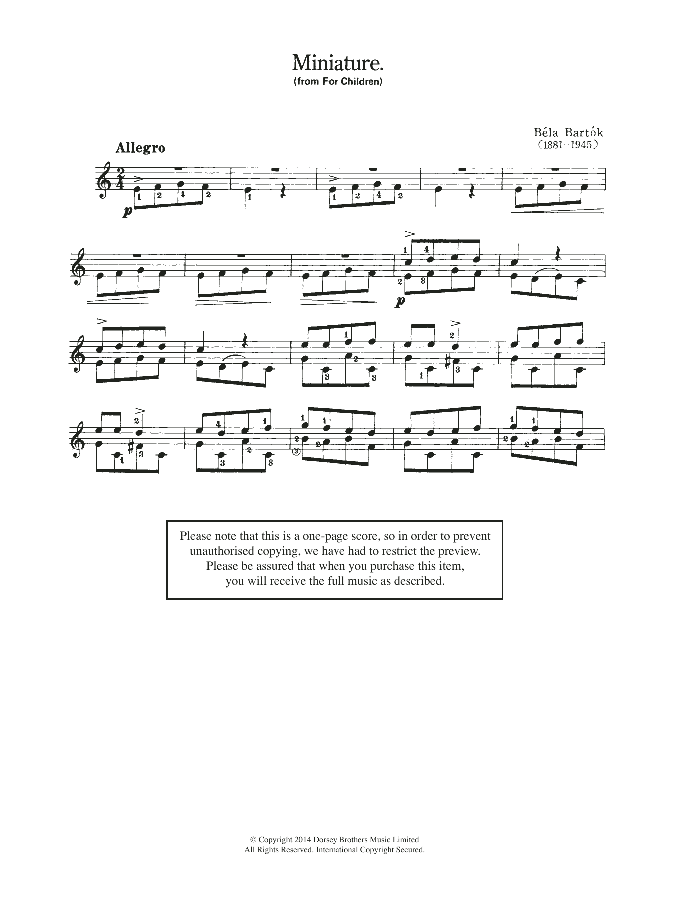 Bela Bartok Miniature (from 'For Children') sheet music notes and chords. Download Printable PDF.