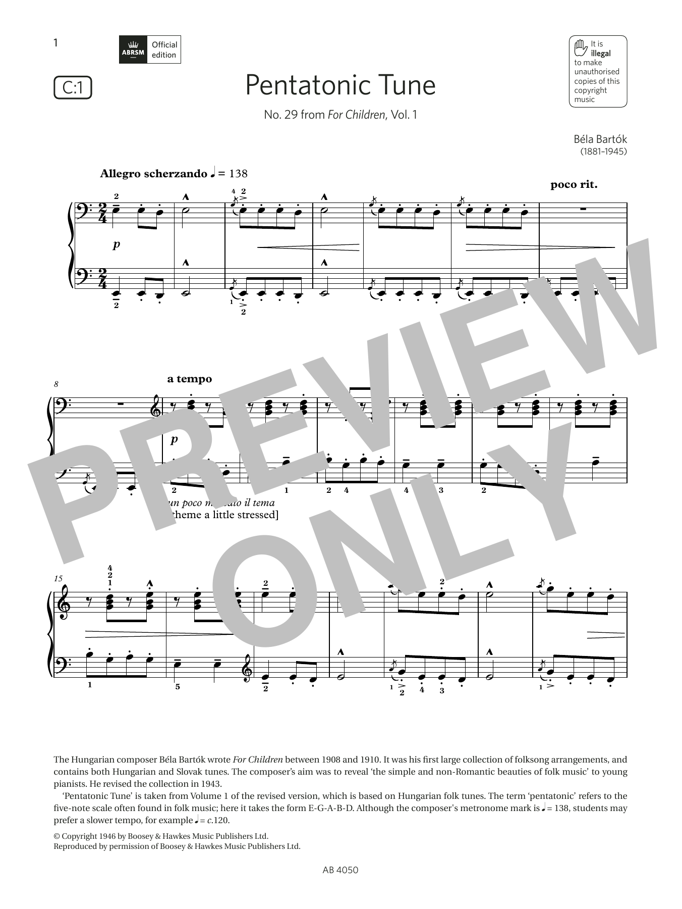 Béla Bartók Pentatonic Tune (Grade 4, list C1, from the ABRSM Piano Syllabus 2023 & 2024) sheet music notes and chords. Download Printable PDF.