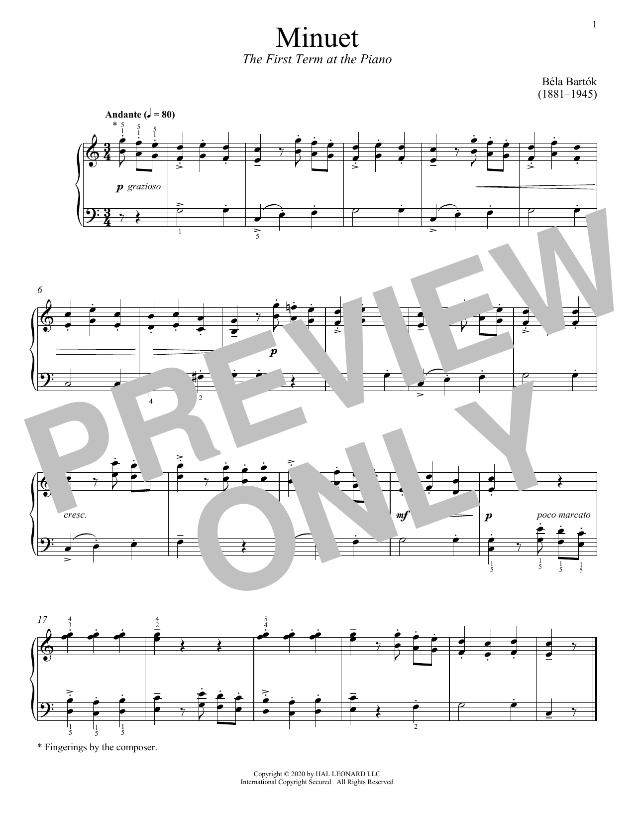 Bela Bartok The First Term At The Piano, Minuet sheet music notes and chords arranged for Piano Solo