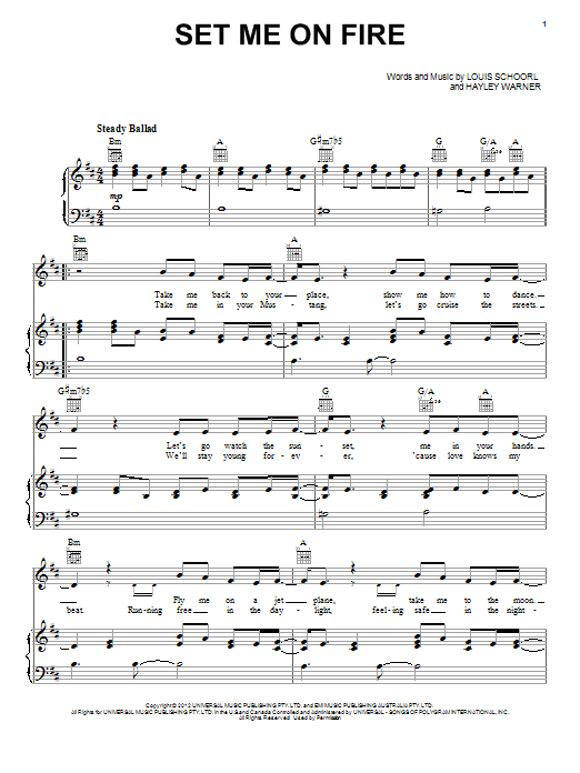 Learn to play Bella Ferraro Set Me On Fire sheet music for Piano, Vocal & Guitar Chords (Right-Hand Melody) in minutes. Price: 7.8900$ Bella Ferraro Set Me On Fire sheet music notes and chords arranged for Piano, Vocal & Guitar Chords (Right-Hand Melody)