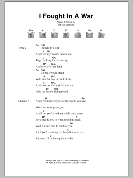 Belle & Sebastian I Fought In A War sheet music notes and chords. Download Printable PDF.