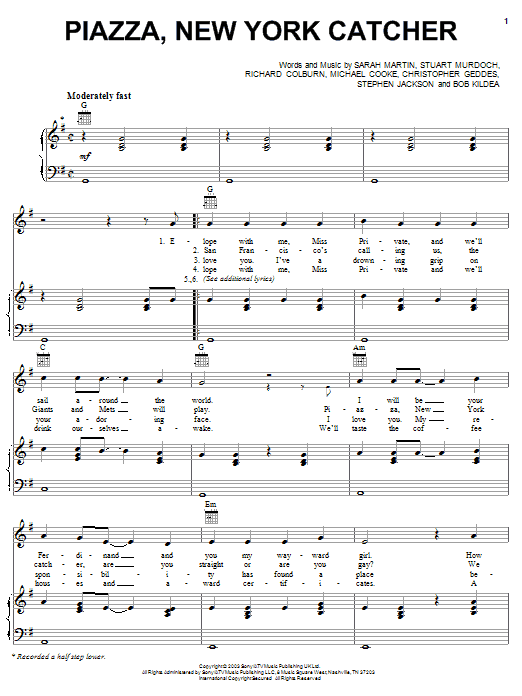 Belle & Sebastian Piazza, New York Catcher sheet music notes and chords. Download Printable PDF.