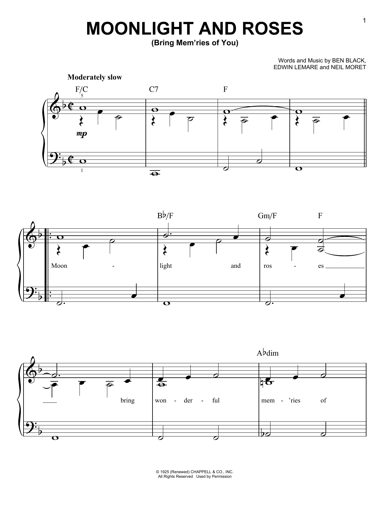 Learn to play Ben Black Moonlight And Roses (Bring Mem'ries Of You) sheet music for Easy Piano in minutes. Price: 6.9900$ Ben Black Moonlight And Roses (Bring Mem'ries Of You) sheet music notes and chords arranged for Easy Piano