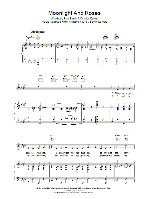 Learn to play Ben Black Moonlight & Roses (Bring Mem'ries Of You) sheet music for Piano, Vocal & Guitar Chords in minutes. Price: 7.8900$ Ben Black Moonlight & Roses (Bring Mem'ries Of You) sheet music notes and chords arranged for Piano, Vocal & Guitar Chords