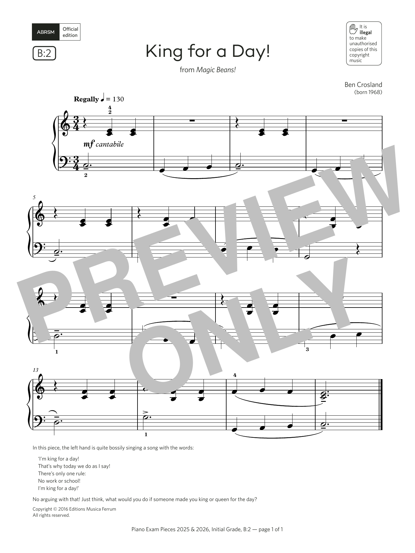 Ben Crosland King for a Day! (Grade Initial, list B2, from the ABRSM Piano Syllabus 2025 & 2026) sheet music notes and chords. Download Printable PDF.