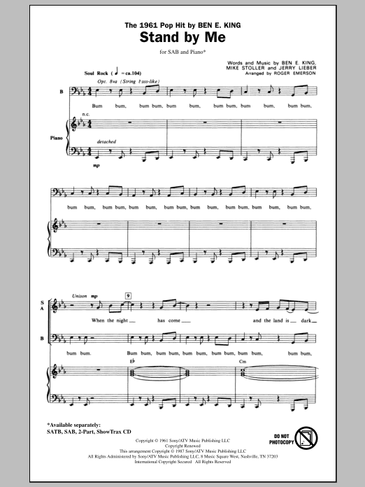 Ben E. King Stand By Me (arr. Roger Emerson) sheet music notes and chords. Download Printable PDF.