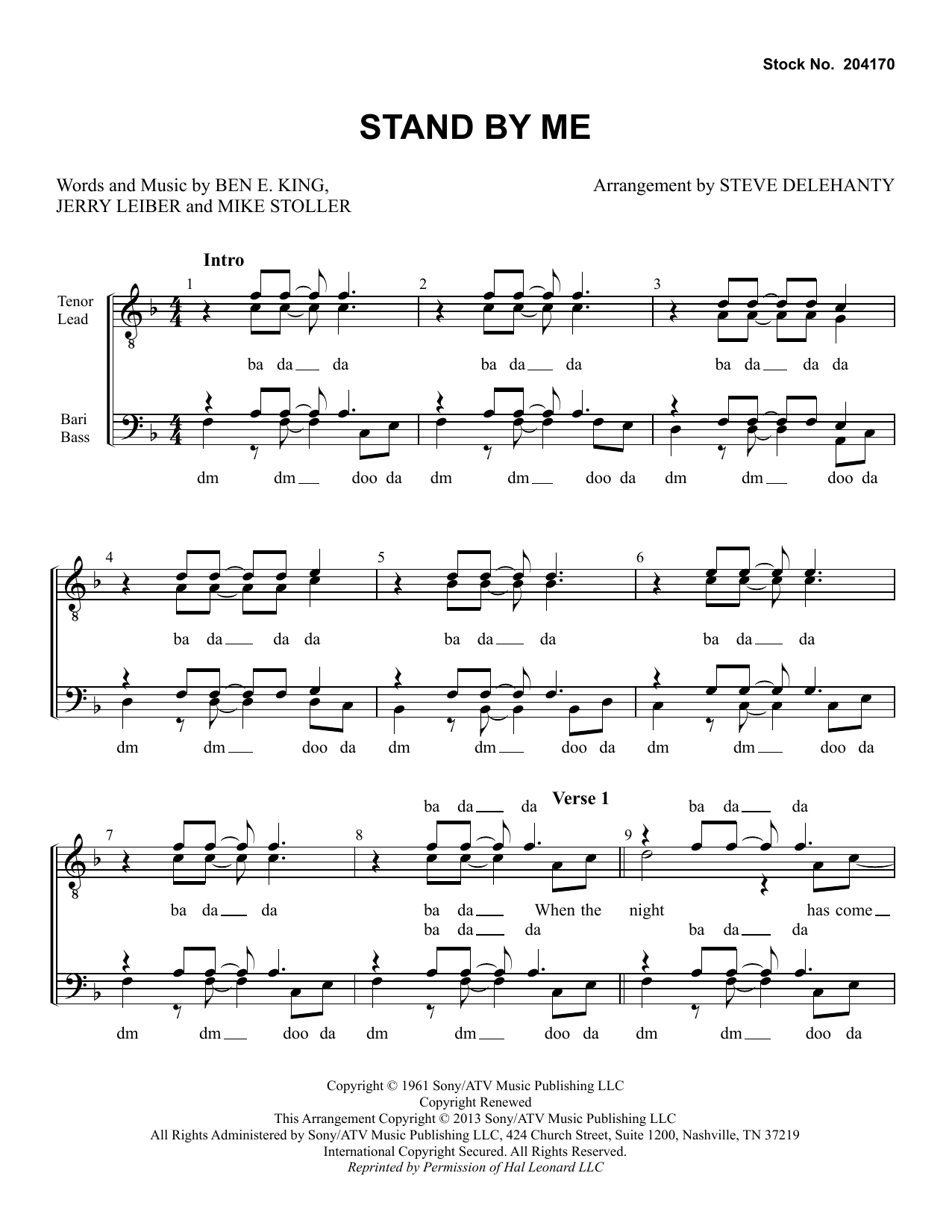 Ben E. King Stand By Me (arr. Steve Delehanty) sheet music notes and chords. Download Printable PDF.