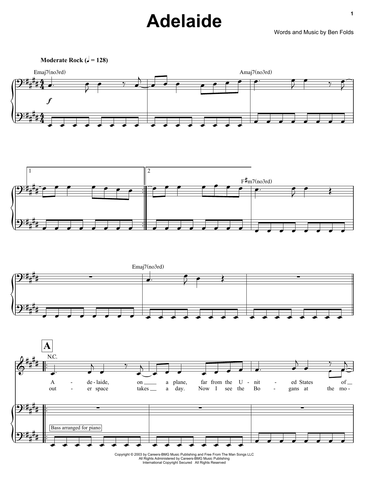 Ben Folds Adelaide sheet music notes and chords. Download Printable PDF.