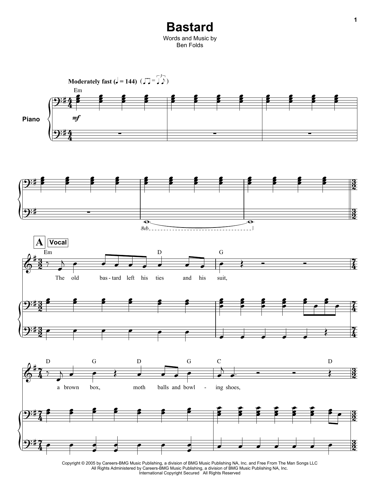 Ben Folds Bastard sheet music notes and chords. Download Printable PDF.