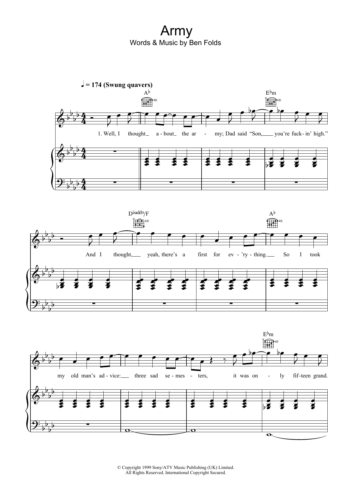 Ben Folds Five Army sheet music notes and chords. Download Printable PDF.