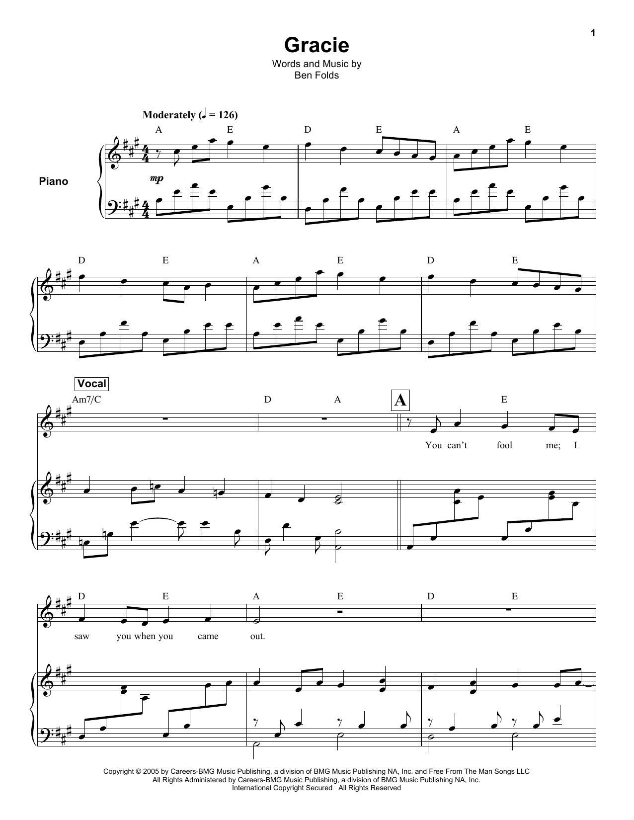 Ben Folds Gracie sheet music notes and chords. Download Printable PDF.