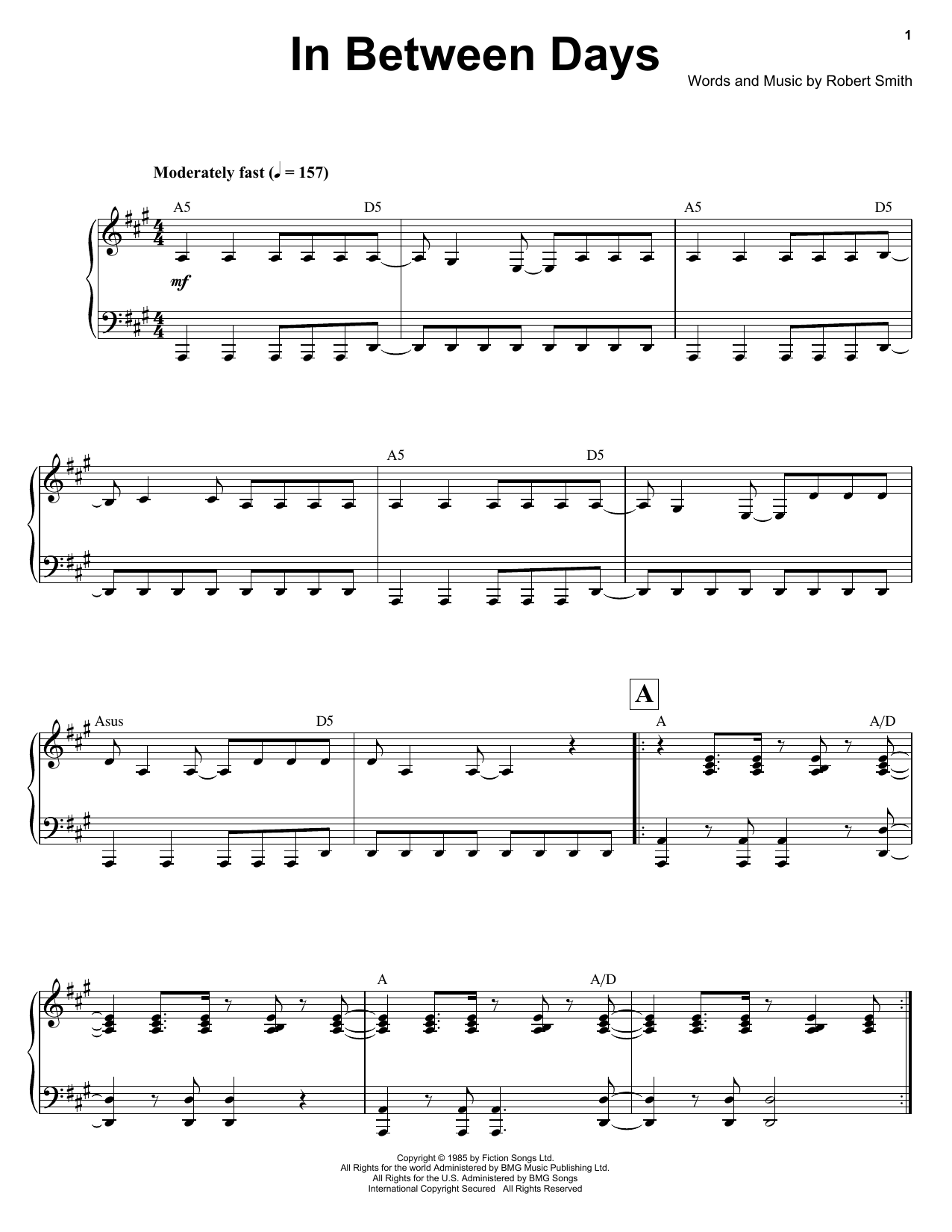 Ben Folds In Between Days sheet music notes and chords. Download Printable PDF.