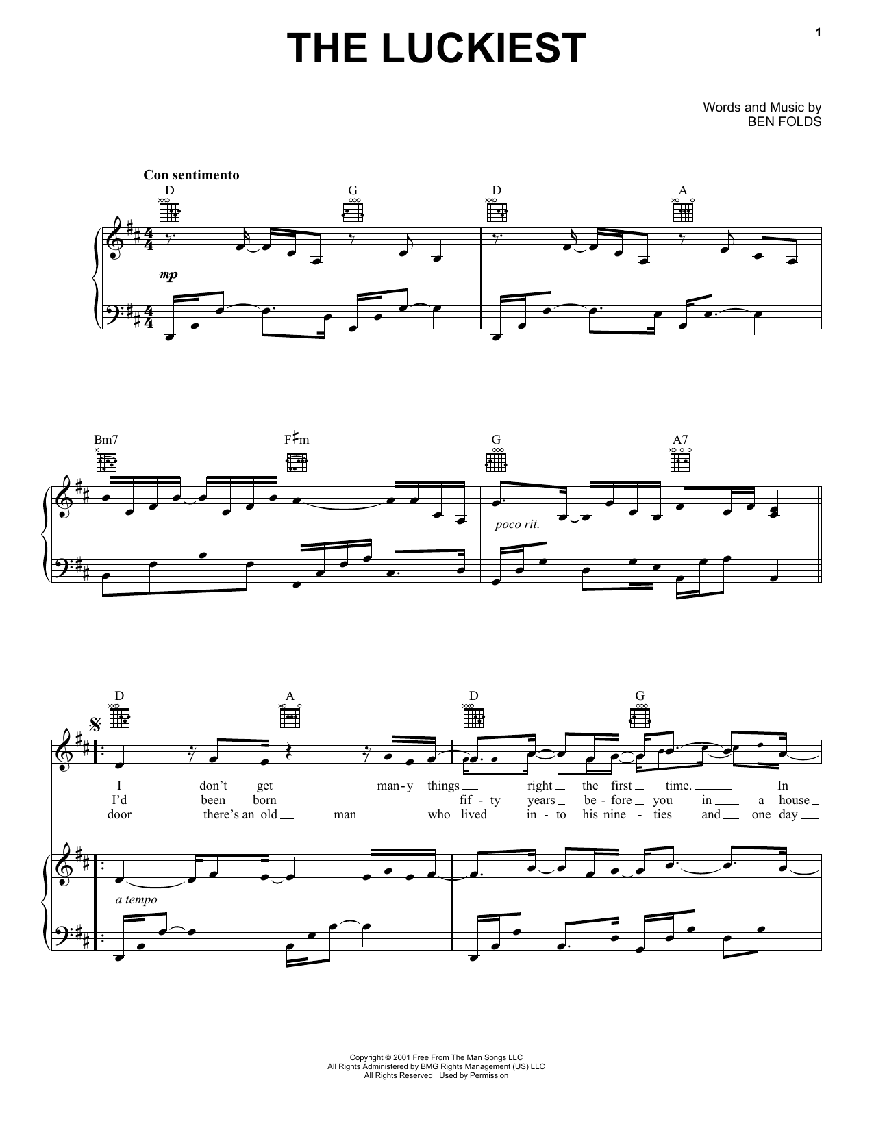 Ben Folds The Luckiest sheet music notes and chords. Download Printable PDF.