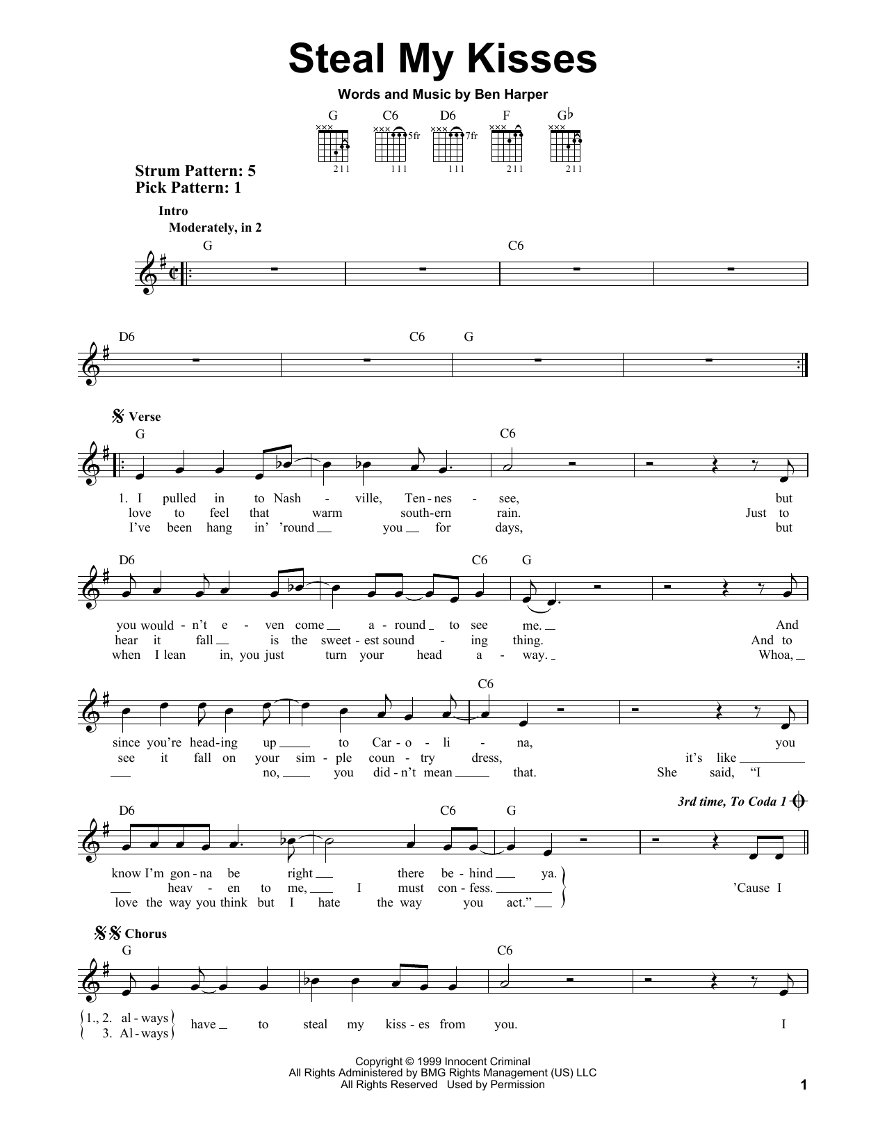 Ben Harper And The Innocent Criminals Steal My Kisses sheet music notes and chords. Download Printable PDF.