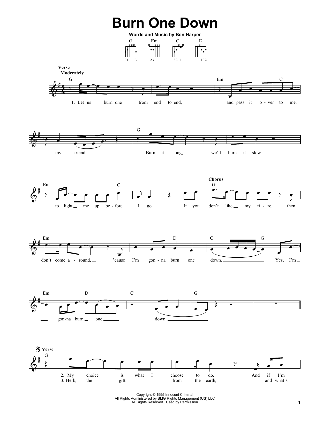 Ben Harper Burn One Down sheet music notes and chords. Download Printable PDF.