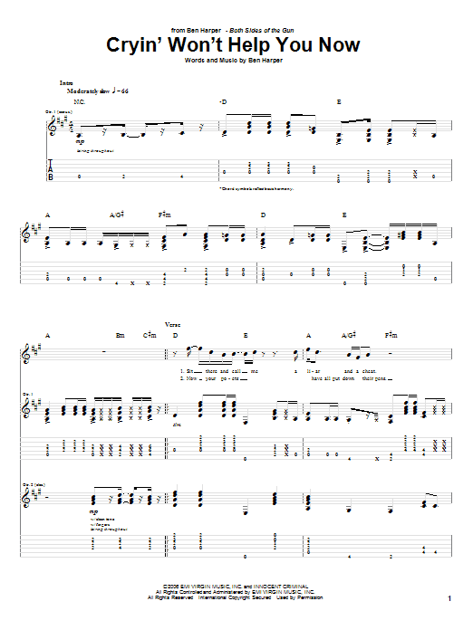 Ben Harper Cryin' Won't Help You sheet music notes and chords arranged for Guitar Tab