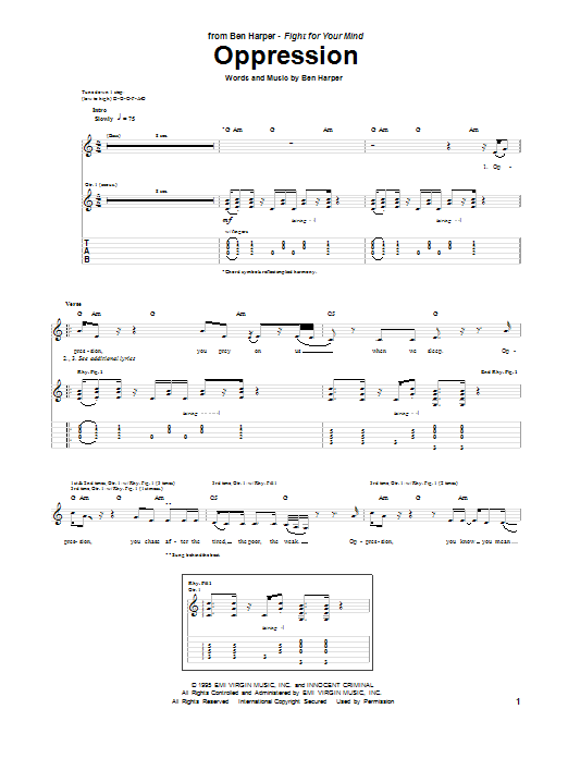 Learn to play Ben Harper Oppression sheet music for Guitar Tab in minutes. Price: 7.8900$ Ben Harper Oppression sheet music notes and chords arranged for Guitar Tab