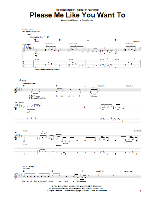 Learn to play Ben Harper Please Me Like You Want To sheet music for Guitar Tab in minutes. Price: 7.8900$ Ben Harper Please Me Like You Want To sheet music notes and chords arranged for Guitar Tab