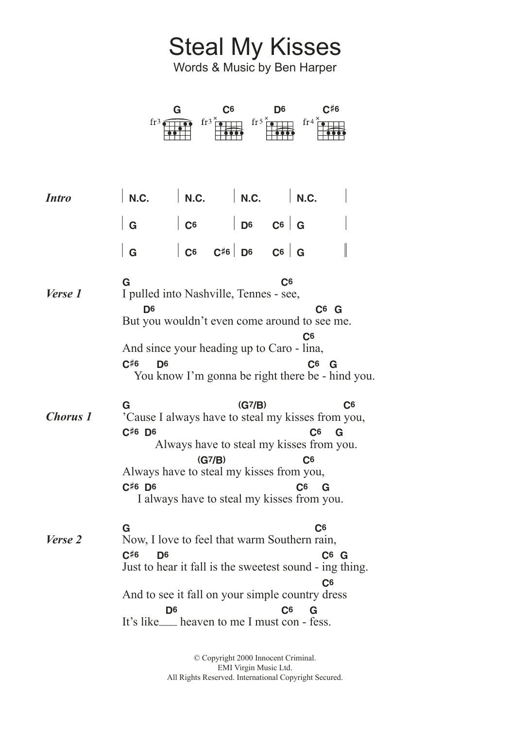 Ben Harper Steal My Kisses sheet music notes and chords. Download Printable PDF.