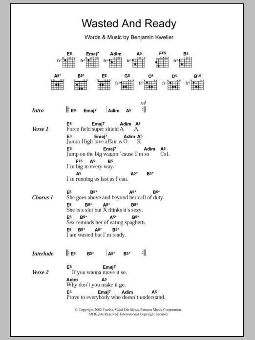 Ben Kweller Wasted And Ready sheet music notes and chords. Download Printable PDF.