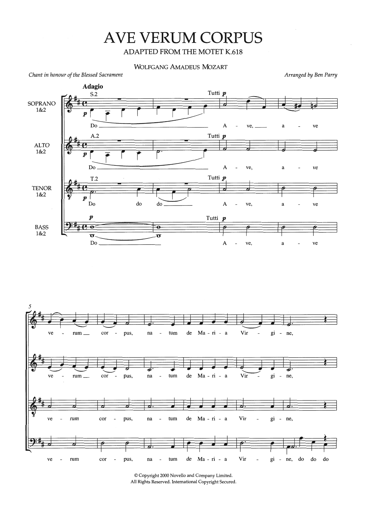 Learn to play Ben Parry Ave Verum Corpus, K618 (arr. Ben Parry) sheet music for Piano, Vocal & Guitar Chords in minutes. Price: 7.8900$ Ben Parry Ave Verum Corpus, K618 (arr. Ben Parry) sheet music notes and chords arranged for Piano, Vocal & Guitar Chords