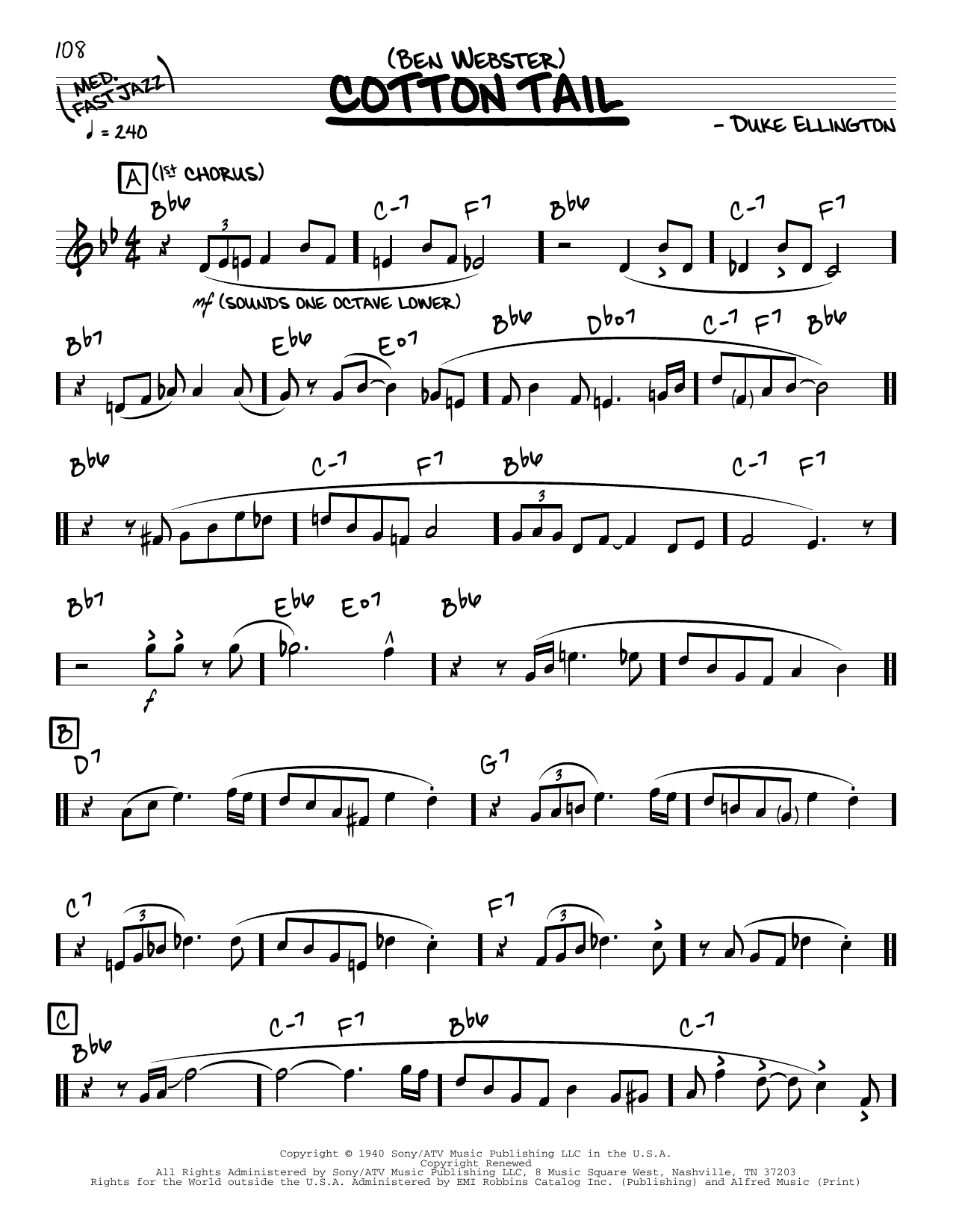 Ben Webster Cotton Tail (solo only) sheet music notes and chords arranged for Real Book – Melody & Chords