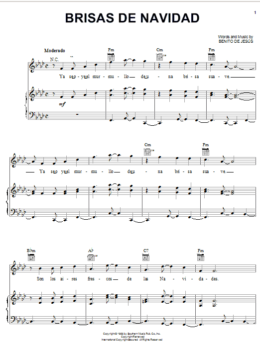Benito De Jesus Brisas De Navidad sheet music notes and chords arranged for Piano, Vocal & Guitar Chords (Right-Hand Melody)