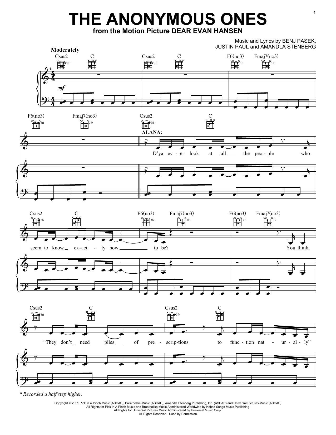 Benj Pasek, Justin Paul & Amandla Stenberg The Anonymous Ones (from Dear Evan Hansen) sheet music notes and chords. Download Printable PDF.