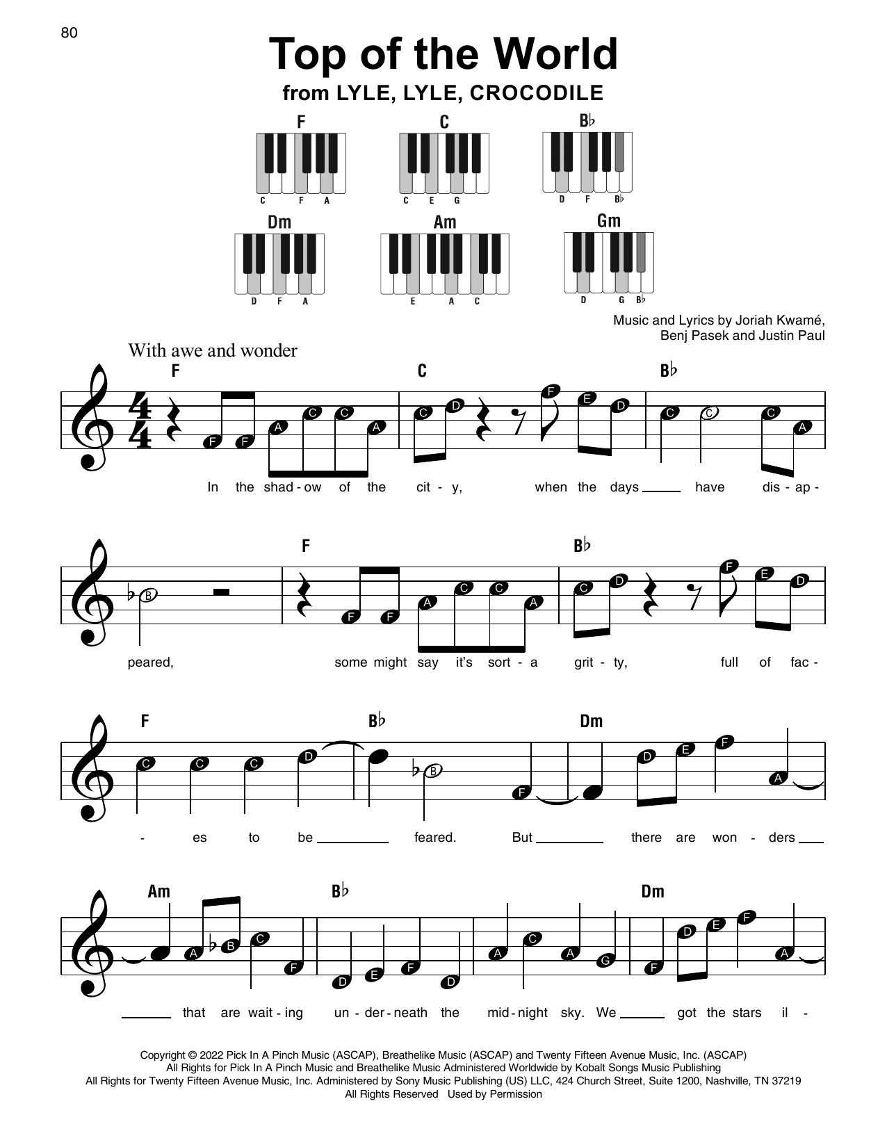 Benj Pasek Top Of The World (from Lyle, Lyle Crocodile) sheet music notes and chords arranged for Super Easy Piano