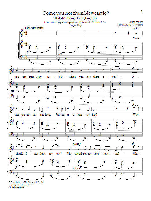 Benjamin Britten Come You Not From Newcastle? sheet music notes and chords. Download Printable PDF.