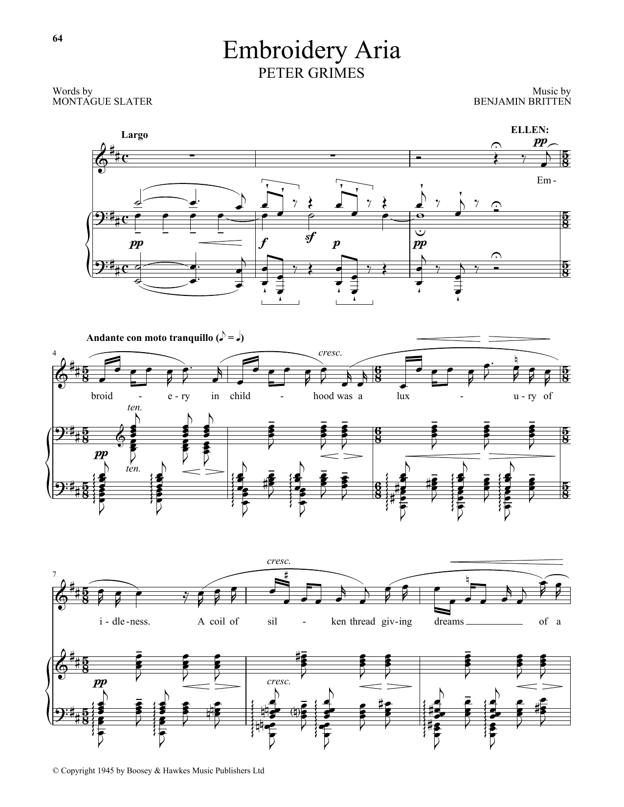 Benjamin Britten Embroidery Aria (from Peter Grimes) sheet music notes and chords. Download Printable PDF.