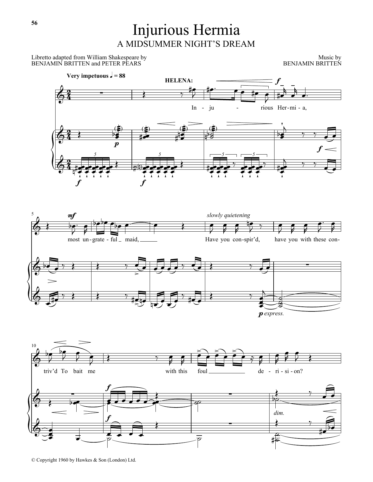 Benjamin Britten Injurious Hermia (from A Midsummer Night's Dream) sheet music notes and chords. Download Printable PDF.