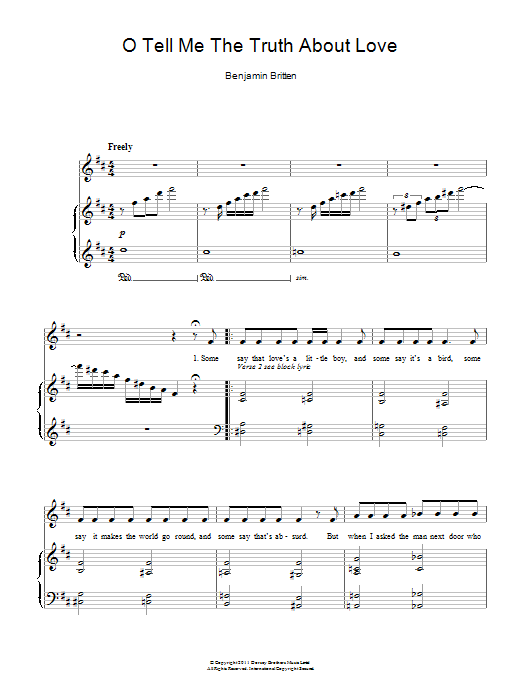 Benjamin Britten O Tell Me The Truth About Love sheet music notes and chords arranged for Piano, Vocal & Guitar Chords