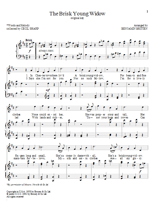 Learn to play Benjamin Britten The Brisk Young Widow sheet music for Piano & Vocal in minutes. Price: 7.8900$ Benjamin Britten The Brisk Young Widow sheet music notes and chords arranged for Piano & Vocal