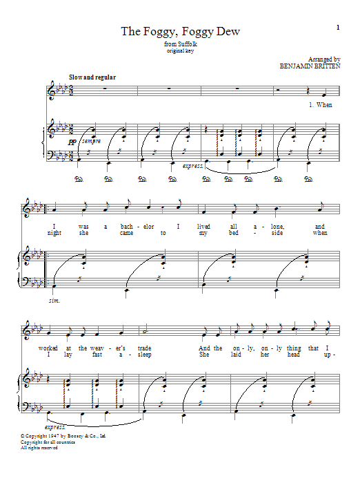 Benjamin Britten The Foggy, Foggy Dew sheet music notes and chords arranged for Piano & Vocal