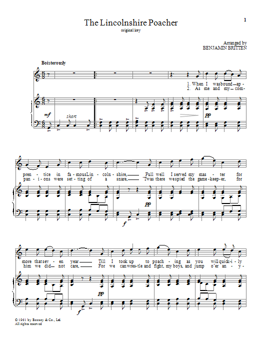 Benjamin Britten The Lincolnshire Poacher sheet music notes and chords arranged for Piano & Vocal