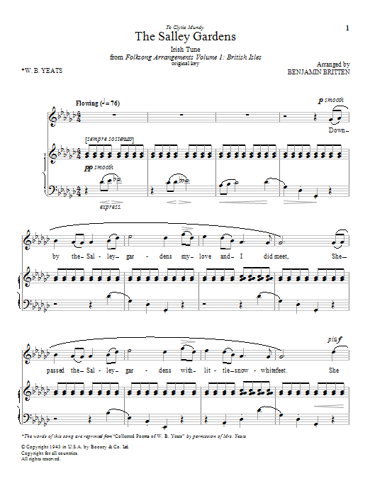 Benjamin Britten The Salley Gardens sheet music notes and chords. Download Printable PDF.