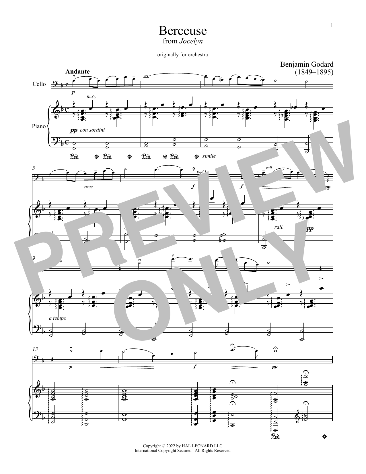 Benjamin Godard Berceuse (from Jocelyn) sheet music notes and chords. Download Printable PDF.