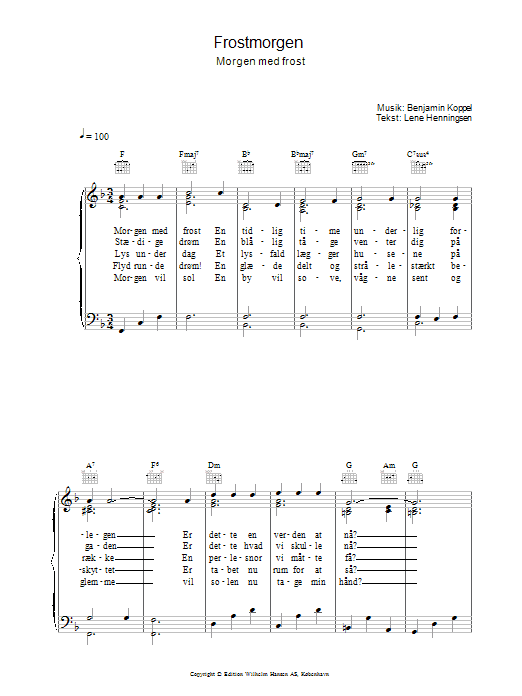 Learn to play Benjamin Koppel Frostmorgen sheet music for Piano, Vocal & Guitar Chords in minutes. Price: 7.8900$ Benjamin Koppel Frostmorgen sheet music notes and chords arranged for Piano, Vocal & Guitar Chords