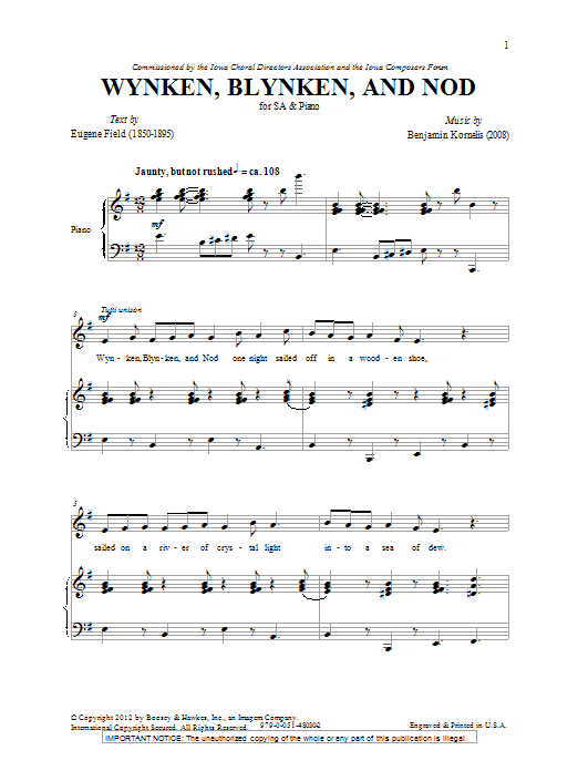 Learn to play Benjamin Kornelis Wynken, Blynken And Nod sheet music for 2-Part Choir in minutes. Price: 3.9900$ Benjamin Kornelis Wynken, Blynken And Nod sheet music notes and chords arranged for 2-Part Choir