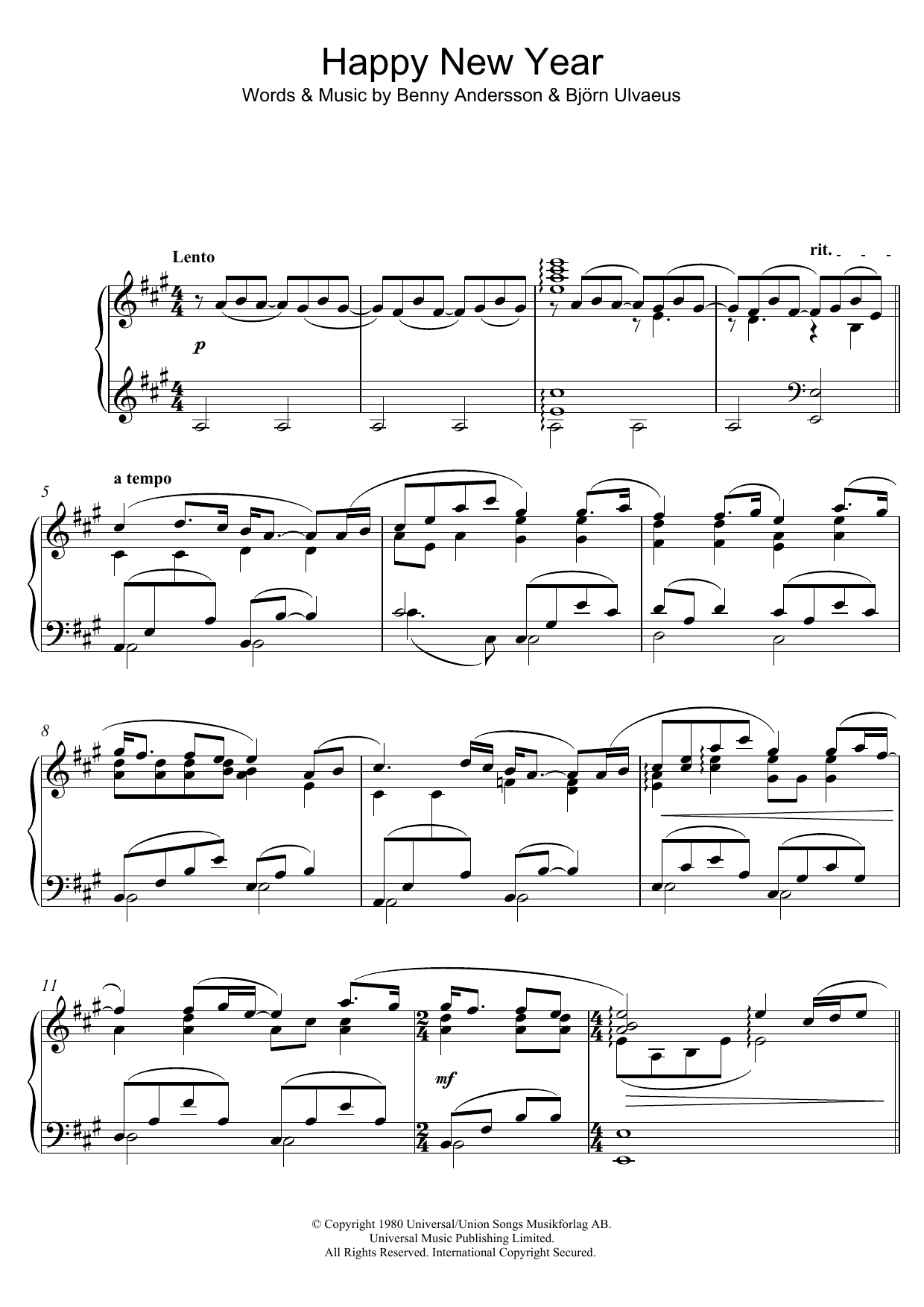Learn to play Benny Andersson Happy New Year sheet music for Piano Solo in minutes. Price: 6.9900$ Benny Andersson Happy New Year sheet music notes and chords arranged for Piano Solo