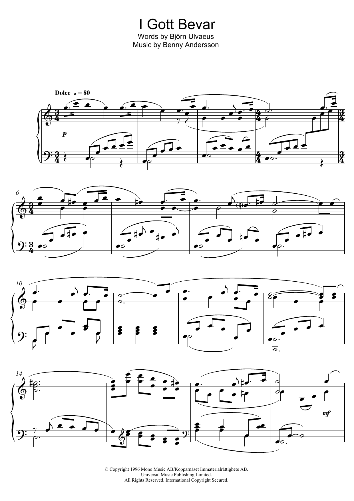 Benny Andersson I Gott Bevar sheet music notes and chords. Download Printable PDF.