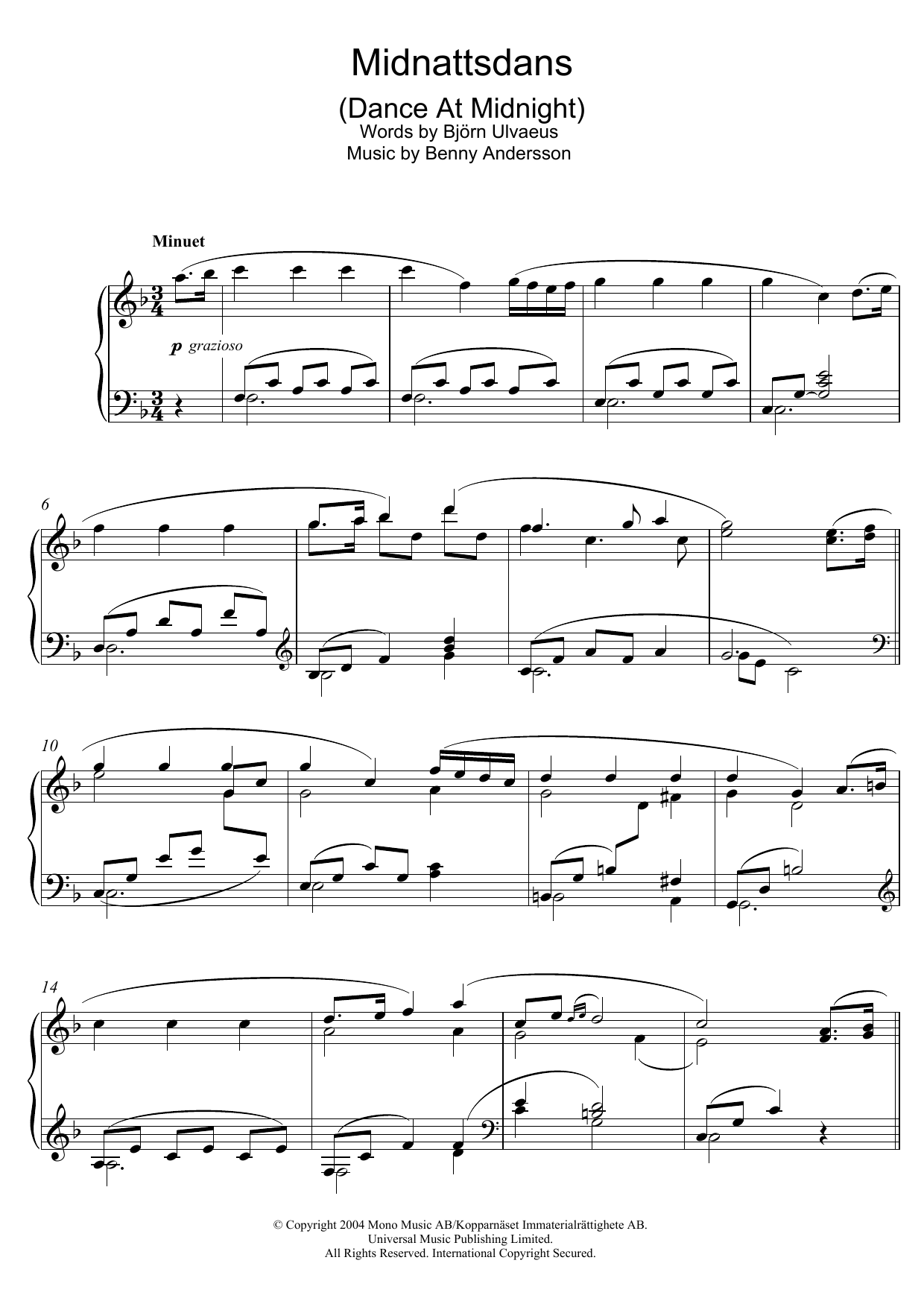 Benny Andersson Midnattsdans sheet music notes and chords. Download Printable PDF.