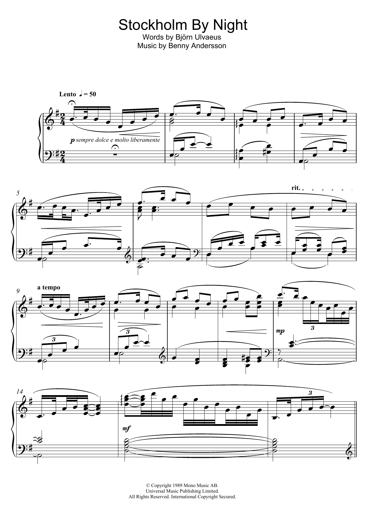 Learn to play Benny Andersson Stockholm By Night sheet music for Piano Solo in minutes. Price: 6.9900$ Benny Andersson Stockholm By Night sheet music notes and chords arranged for Piano Solo