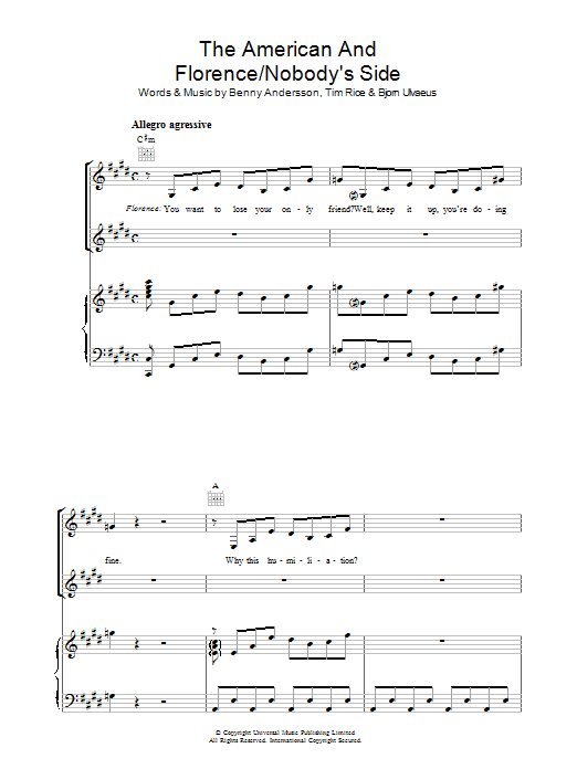 Learn to play Benny Andersson The American And Florence/Nobody's Side sheet music for Piano, Vocal & Guitar Chords in minutes. Price: 7.8900$ Benny Andersson The American And Florence/Nobody's Side sheet music notes and chords arranged for Piano, Vocal & Guitar Chords